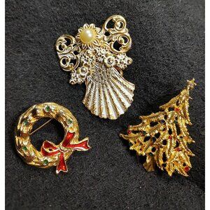 Christmas Brooch Set, Vintage: Angel by Jane AOL,  Wreath, and Christmas Tree